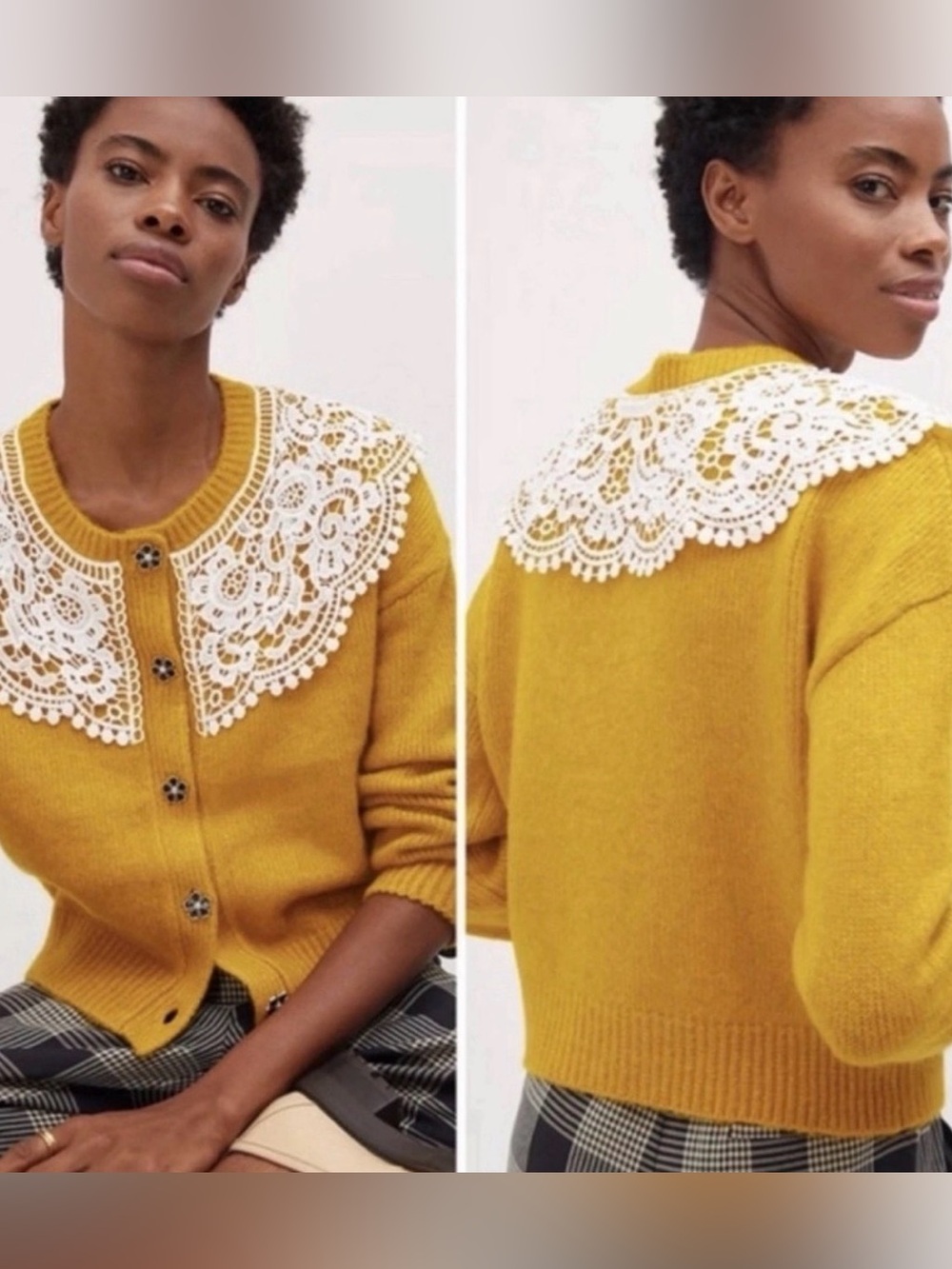 Anthropologie Maeve Lace Collar Cardigan Gold Alpaca Blend Button Front